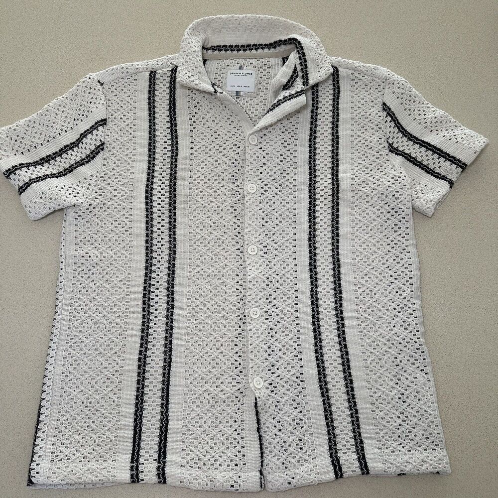 Denim & Flower Men's S Cream Open Stitch Crochet Knit Short Sleeve Bottom Up